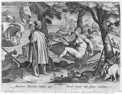 Amerigo Vespucci (1454-1512) landt in Amerika, gegraveerd door Theodor Galle (1571-1633) door Jan van der Straet